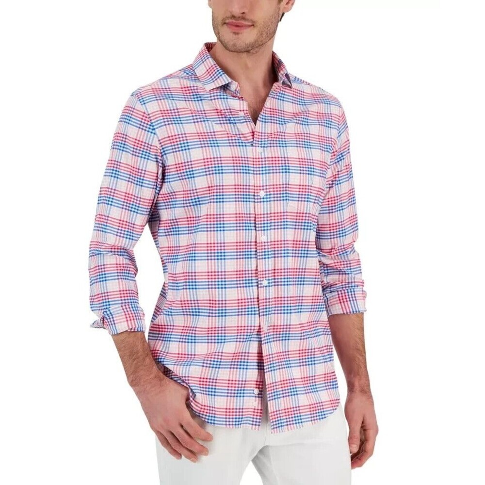 Club Room Men's Button Down Shirt Classic-Fit Malia Plaid Nylon Pink Combo XL